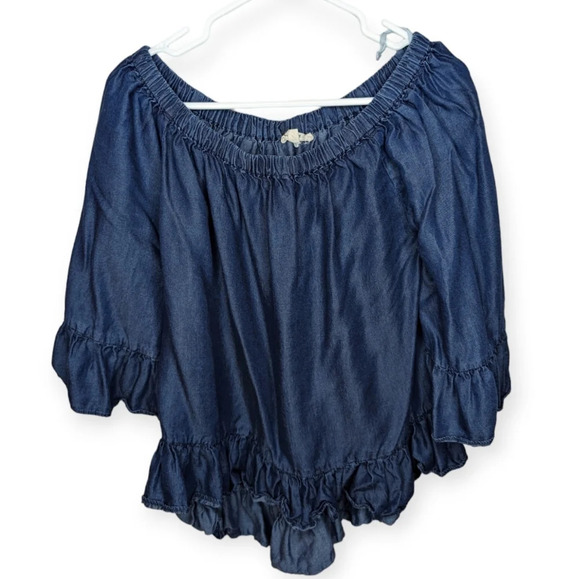 Jane & Delancey Blue Denim Style Off The Shoulder Top Ruffle Sleeve Women Medium - Picture 1 of 9